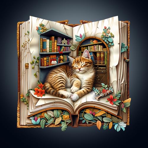 WOODBESTS Wooden Puzzles for Adults, Cat in The Book Wood Puzzles Adult(100 Pieces, S, 7.7 * 7.6in), Unique Shape Wooden Animal Jigsaw Puzzles, Birthday Gifts for Adults Family Game - color: Cat in the Book, size: Small