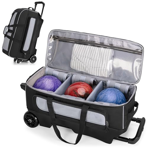 GOBUROS 3 Ball Roller Bowling Bag with Multi Accessory Pockets and Shoes Compartment, Fits 2 Pairs of Size 16 Shoes, 3 Ball Bowling Bags with Large Wheels and Retractable Handle Extends to 41.5"