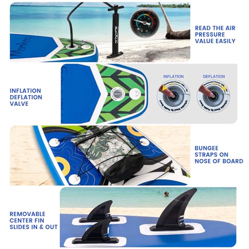 FEATH-R-LITE Inflatable Paddle Board Stand Up Paddleboards for Adults SUP with Premium Accessories Pump, Adjustable Paddle, Leash, Three Fins, Backpack - style: Blue Monkey