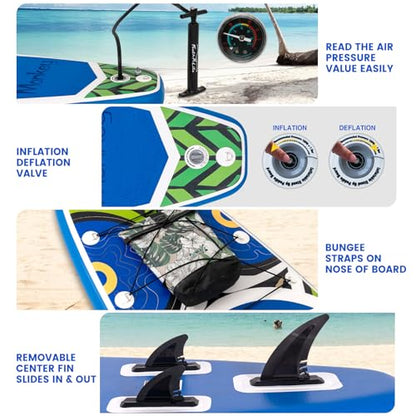 FEATH-R-LITE Inflatable Paddle Board Stand Up Paddleboards for Adults SUP with Premium Accessories Pump, Adjustable Paddle, Leash, Three Fins, Backpack - style: Blue Monkey