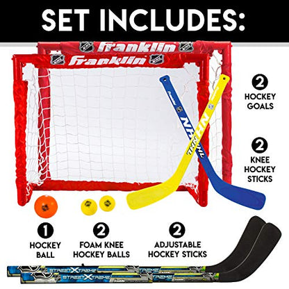 Franklin Sports - NHL Kids Folding Hockey Goals Set - (2) Street Hockey & Knee Hockey Goals - (2) Adjustable Youth Hockey Sticks, (2) Knee Hockey Sticks, (2) Mini Hockey Balls + (1) Street Hockey Ball