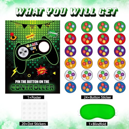WERNNSAI Pin The Button on The Game - Gamer Party Decorations Birthday Games for Kids Party 21" x 28" Game Poster with 24 Sticker for Boys Gaming Night Birthday Wall Home Room Decorations - style: Video Game A