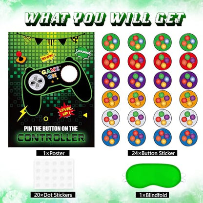 WERNNSAI Pin The Button on The Game - Gamer Party Decorations Birthday Games for Kids Party 21" x 28" Game Poster with 24 Sticker for Boys Gaming Night Birthday Wall Home Room Decorations - style: Video Game A