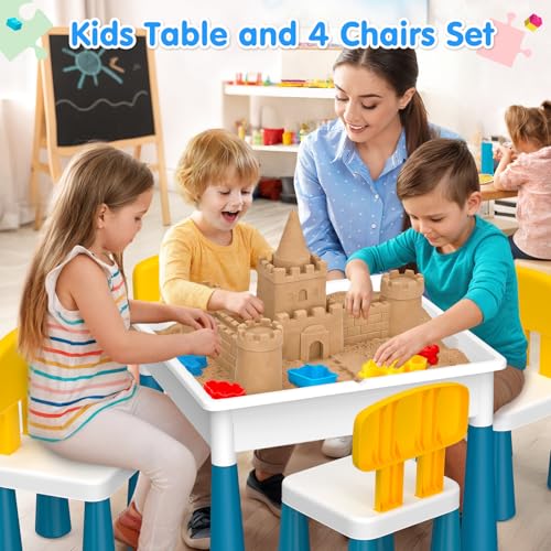 OCATO Toddlers Kids Table and 4 Chairs Set: Activity Table with 152Pcs Large Marble Run Building Blocks Storage All in One Play Sensory Water Tables Sand Tables for Boys Girls 3 4 5 6 Year Old - color: Dark Blue-with 4 Chairs