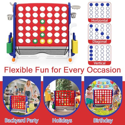 OLAKIDS Giant Connect Game Outdoor, 4 in A Row with Adjustable Height, Mesh Net, Carry Bag, Golf, Basketball Hoop, Ring Toss, Cup Holder for Kids Adults Indoor Backyard (Red) - color: Red