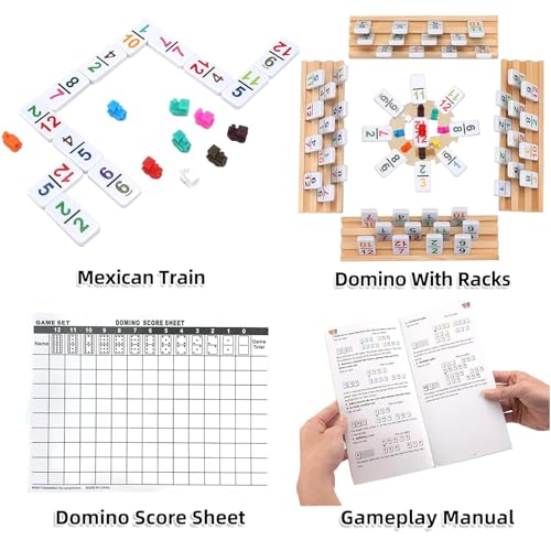 Doreimi Mexican Train Dominoes Set with Numbers and 8 Wooden Holders, Double 12 Dominos Set for Kids, Adults Travel Domino Train with 91 Tiles and Upgrated Hub, Classic Board Games for Family Night - style: Number+8 Racks+Wooden Hub
