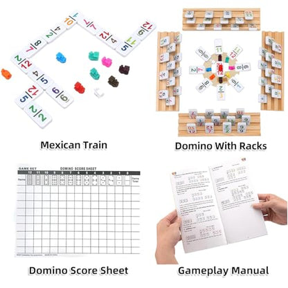 Doreimi Mexican Train Dominoes Set with Numbers and 8 Wooden Holders, Double 12 Dominos Set for Kids, Adults Travel Domino Train with 91 Tiles and Upgrated Hub, Classic Board Games for Family Night - style: Number+8 Racks+Wooden Hub