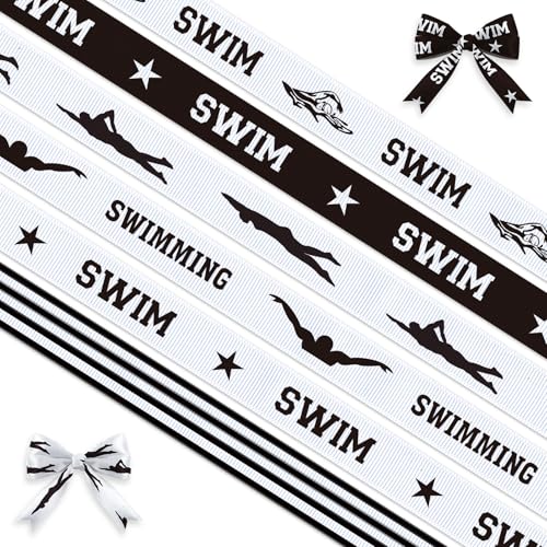 Swimming Ribbon for DIY Crafts 6 Rolls 0.39 Inch Grosgrain Black White Sport Ribbon for Sports Party Wreath Bows DIY Crafts Wrapping Sports Birthday Party Home Decoration Supplies - color: Swimming
