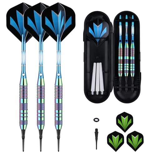 Darts Plastic Tip Set - 18g 21g Colorful Rainbow Soft Tip Darts 50 Anti-Loose O-Rings 6 Shaft (Aluminum/Nylon 45mm) 6 Durable Flights Extra 50 Soft Tips Electronic Dartboard - color: C-TYPE-BLUE-21g