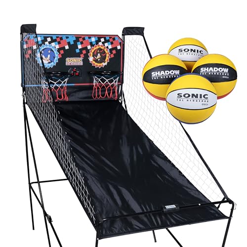 Voyager Sonic The Hedgehog Electronic Double Shot Arcade Game, Indoor Basketball with 4 Balls, LED Scoreboard & Folding Frame, Kids Arcade Game for Home & Playroom