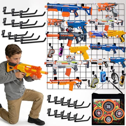 Wall Mount Toy Gun Storage Organizer,Organizer for Toy Guns with Shooting Practice Target Toys Storage Bag and Hooks,Toys Gun Holder Gun Rack for Foam Blasters Guns Accessories Game Room