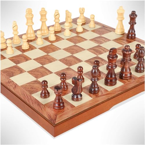 FanVince Chess Set 15" Wooden Board Game - Wood Sets with 2 Storage Bags and 2 Extra Queens - Gifts Box for Men Dad - color: Rosewood Texture