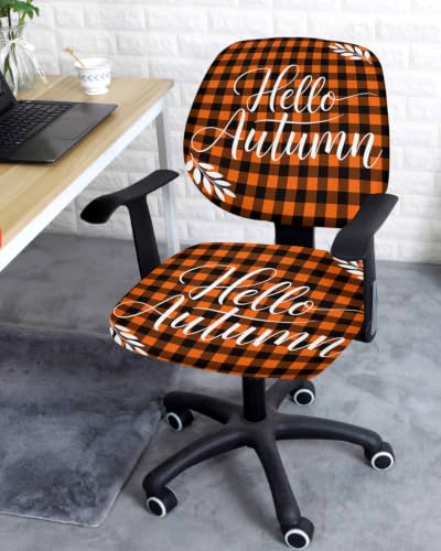 Savannan Office Chair Cover, Hello Autumn Orange Buffalo Plaid Protective Stretch Elastic Universal Cover for Desk Task Chair,Computer Rotating Chair 1 Pcs Black Gingham Check