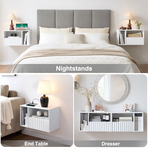 BuildHom Modern Matte White Fluted Floating Nightstand with Charging Station, NightStand with Drawers, Bedside with USB Ports and Outlets, Bedroom Furniture (Set of 2) - color: Matte White, size: Set of 2
