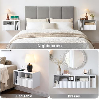 BuildHom Modern Matte White Fluted Floating Nightstand with Charging Station, NightStand with Drawers, Bedside with USB Ports and Outlets, Bedroom Furniture (Set of 2) - color: Matte White, size: Set of 2