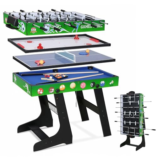4-in-1 Multi Game Table 48inch Folding Combo Game Table, Football Table,Billiards Table, Pool/Snooker Table, Hockey Table, Table Tennis Table for Adults Family Birthday - color: Green black