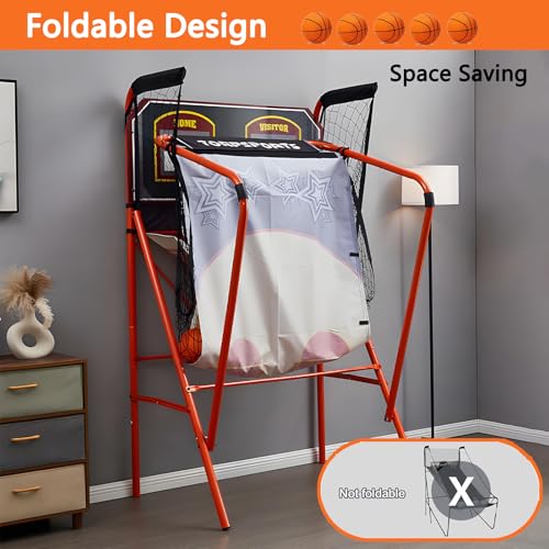 Foldable Indoor Basketball Arcade Game Double Shot 1-4 Player W/ 5 Balls, Basketball Arcade Machine, Electronic Scoreboard and Inflation Pump, Sturdy and Durable