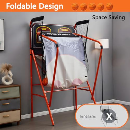Foldable Indoor Basketball Arcade Game Double Shot 1-4 Player W/ 5 Balls, Basketball Arcade Machine, Electronic Scoreboard and Inflation Pump, Sturdy and Durable