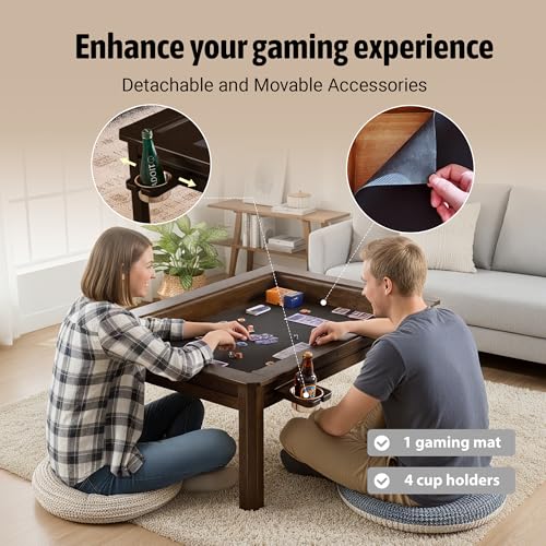Solid Wood Board Game Coffee Table with Removable Top, 3-in-1 Gaming and Dining Table Includes Play Mat & Detachable Cup Holders, 48" L x 33" W - color: Black Walnut01
