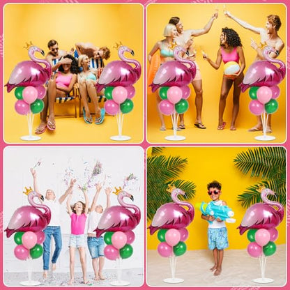 2 Sets Summer Tropical Flamingo Balloon Column Stand Kit with 102 Pink Green Flamingo Foil Balloons 5.57ft Balloon Tower Stand with Base Arch Column for Birthday Wedding Hawaiian Luau Party Decortions - style: Flamingo