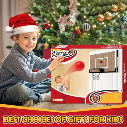 NZQXJXZ Indoor Basketball Hoop for Kids, Mini Basketball Hoops Over The Door and Wall Mount with Wooden Backboard, 3 Balls and Pump, Idea Toys Gifts for Kids and Adult,Score Version