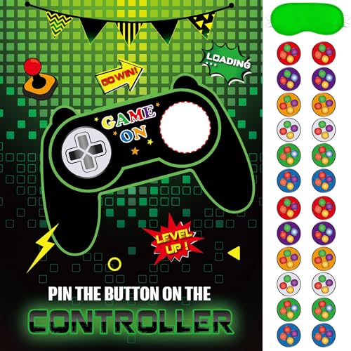 WERNNSAI Pin The Button on The Game - Gamer Party Decorations Birthday Games for Kids Party 21" x 28" Game Poster with 24 Sticker for Boys Gaming Night Birthday Wall Home Room Decorations - style: Video Game A