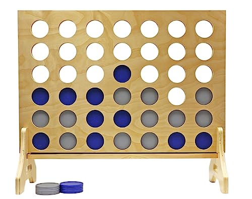 Giant 4 in a Row Game for Family & Adults – Tailgating Pros Jumbo Natural Wooden Four in a Row Indoor Outdoor Yard Game for Family Party Fun, Portable Activities for Patio, Backyard, and Camping - color: Blue / Silver