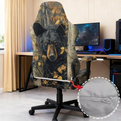 Suobstales Bear Hunting Camo Print Gaming Chair Covers Slipcovers, Office Chair Covers with Armrest Covers, 4Pc/Set Durable Stretchable Elastic Computer Chair Cover for Anti Cat Scratch - color: Bear Hunting Camo