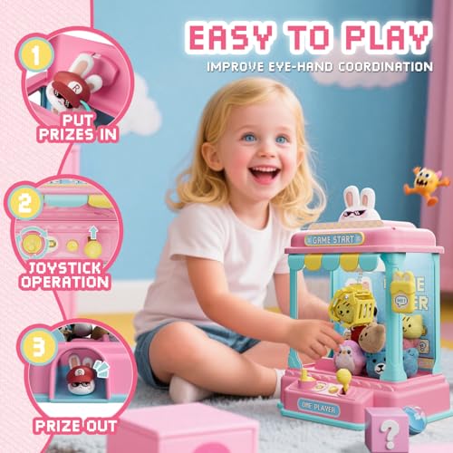 Pixel Rabbit Mini Claw Machine for Kids, Compact Arcade Prize Grabber with Plush Toys and Capsules, Mute Mode Tabletop Game, Gift for Ages 3 and Up