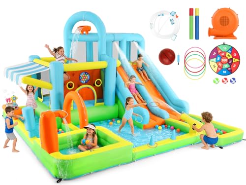 JOYLDIAS Inflatable Water Slide Bounce House for Kids, Luxury Heavy Duty Blow Up Water Park with Double Slides, Climbing Wall, Splash Pool and Sunshade Awning - Ideal Backyard Gift for Toddlers & Kids - color: 10 in 1