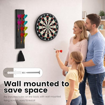 Wall Mounted Dart Holder with Storage Bag, 15 Hole Wooden Dart Storage with Metal Hook and Rear Stand, Dart Accessory for Game Room and Bar