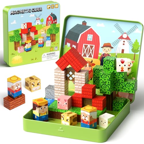 49 Pcs Farm Animals Magnetic Building Blocks Set for Toddlers 3-5, Travel Toys with Iron Storage Box, Magnetic Tiles & Cubes for Kids Ages 4-8, STEM Learning, Portable Play Base for Car Plane Trips - style: Farm Animals Magnetic Building Blocks Travel Set