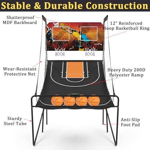 Foldable Dual Shot Basketball Arcade Game for Game Room | Folding 2 Player Indoor Basketball Shooting Game with 4 Balls, Dual Hoops, Inflation Pump, Electronic Scoreboard, 8 Game Modes