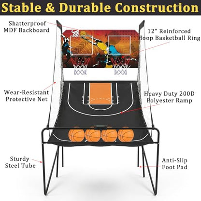 Foldable Dual Shot Basketball Arcade Game for Game Room | Folding 2 Player Indoor Basketball Shooting Game with 4 Balls, Dual Hoops, Inflation Pump, Electronic Scoreboard, 8 Game Modes