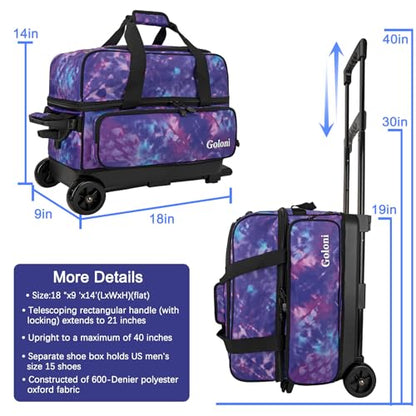 Goloni Double Roller 2 Ball Bowling Bag with Separate Shoe Compartment,2 Ball Bowling Bag with Wheels,Retractable Handle Extends to 40" - color: Purple Camouflage