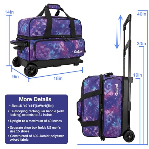 Goloni Double Roller 2 Ball Bowling Bag with Separate Shoe Compartment,2 Ball Bowling Bag with Wheels,Retractable Handle Extends to 40" - color: Purple Camouflage