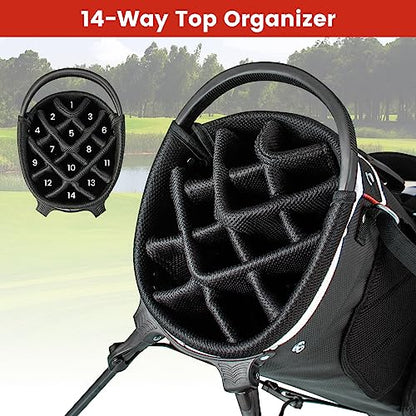 KOTEK Golf Stand Bag, 14 Way Top Divider Golf Club Bag with Cooler, 6 Zippered Pockets, Rain Hood, Adjustable Dual Shoulder Straps & Umbrella Holder, Lightweight Golf Bag for Men Women - color: Red