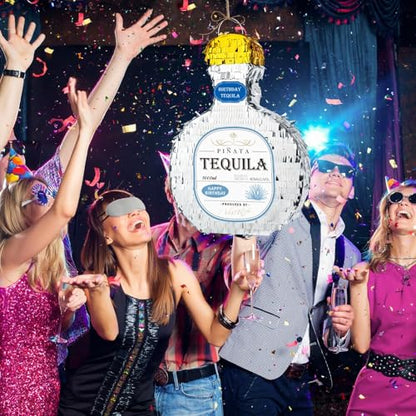 WERNNSAI Tequila Bottle Piñata - Disco Party Decorations for Adults Silver Patron Tequila Piñata with Blindfold for Bachelor Birthday Party Supplies 11.7” x 16.5” - style: Tequila