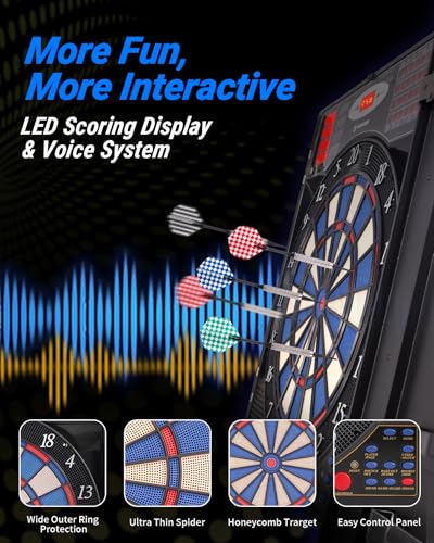 WIN.MAX Electronic Dart Board, Soft Tip Dartboard Cabinet Set for Adults, LED Scoring Dartboard with 38 Games & 211 Variants, Up to 16 Players, 12 Darts+40 Tips, Wall Mount for Bar Game Room Man Cave - style: Woodgrain