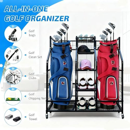 Golf Bag Storage Organizer Stand with Wheels- Heavy Duty Steel Rack Holds 2 Golf Bags with Central Storage Shelf for Golf Balls, Shoes & Accessories, Space Saving Garage Golf Club Equipment Holder