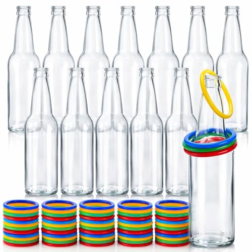 Covzoe 72 Piece Ring Toss Game Set, Includes 12 Pack Fun Target Glass Bottles and 60 Pieces Plastic Colorful Rings, Outdoor Carnival Party Toss Game Accessories for Family Backyard Sport Activity