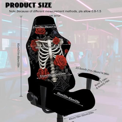 Skeleton Rose Print Gaming Chair Covers Slipcovers Spider Web Print Gamer Desk Chair Cover with 2 Armrest Covers Fits Most Office/PC Chairs & Racing Style Seats, Home Decor - color: Black - Skeleton Rose Spider Web