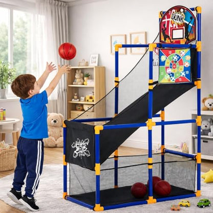 OUTLANE Kids Basketball Game Set, Basketball Hoop Stand for Kids, 56'' Basketball Shooting Toy with 4 Mini Balls, 6 and 1 Sticky Net, Indoor Outdoor Arcade Basketball Game for Boys and Girls