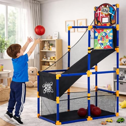 OUTLANE Kids Basketball Game Set, Basketball Hoop Stand for Kids, 56'' Basketball Shooting Toy with 4 Mini Balls, 6 and 1 Sticky Net, Indoor Outdoor Arcade Basketball Game for Boys and Girls