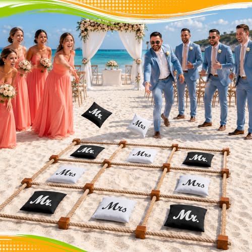 Lunmon Wedding Giant Tic Tac Toe Outdoor Games for Reception 4ft x 4ft Wooden Tic Tac Toss Mr and Mrs Bean Bag, Portable Wedding Yard Games for Backyard Lawn Outdoor Party Guests