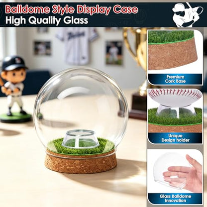 Real Glass Baseball Display Case - UV Protected Dome Tabletop Box with Cork Base & Faux Grass for a Single Official, Signed or Game-Used Baseball (Cloche Dome)