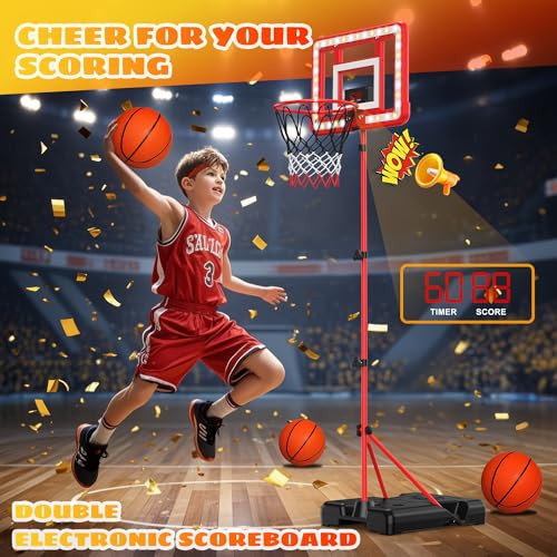Kids Indoor Basketball Hoop with Scoreboard & Timer,Toddler Adjustable Height Basketball Goal Toy for Outdoor Backyard,Sports Game Play - style: Red Stand