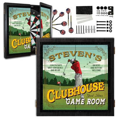 Personalized Dart Board Cabinet Set with 6 Steel Tip Darts, Paper Dartboard, Chalk & Eraser (21.5 x 21.5 x 2.75) - Man Cave Dart Boards for Adults - style: Golf Clubhouse