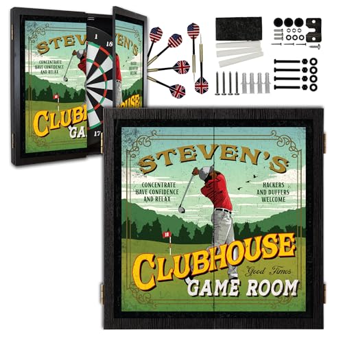 Personalized Dart Board Cabinet Set with 6 Steel Tip Darts, Paper Dartboard, Chalk & Eraser (21.5 x 21.5 x 2.75) - Man Cave Dart Boards for Adults - style: Golf Clubhouse