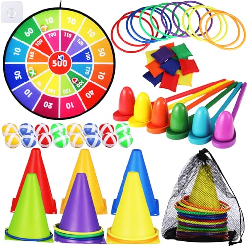 Libima 57 Pcs Carnival Games Combo Set for Kids, Bean Bags Ring Toss Game Dart Board with Sticky Balls Plastic Cones Egg Spoon Race Indoor Outdoor Party Supplies for Boys Girls Adults Birthday Gifts